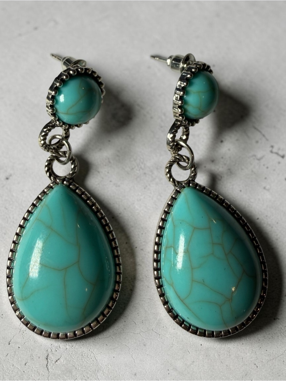 Turquoise Teardrop Dangle Earrings Boho Western Textured Silver Border Stud